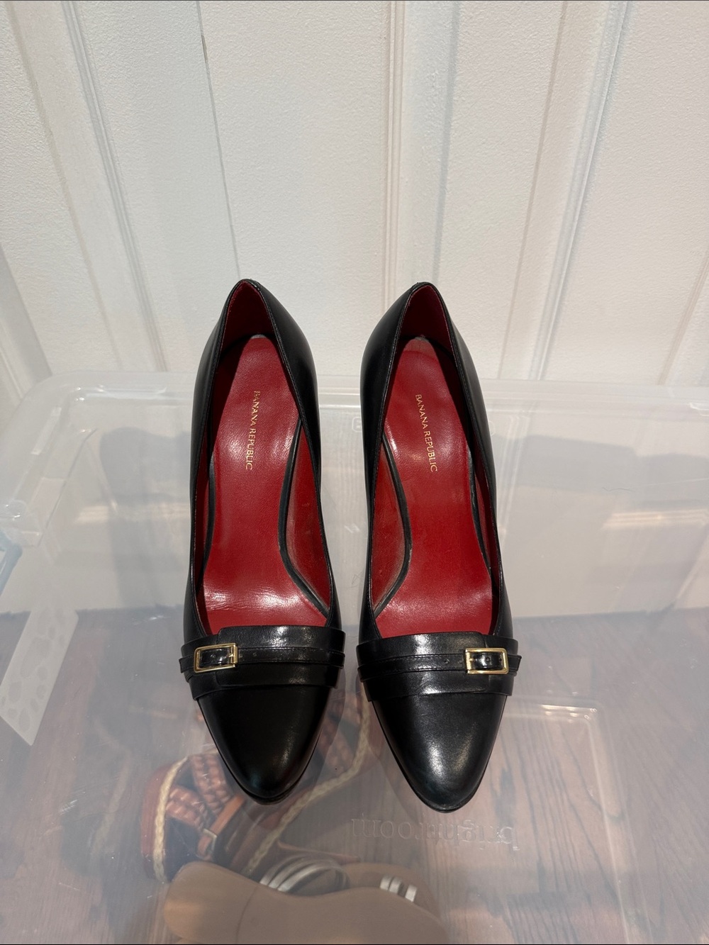 Banana Republic Black Leather Pointed Pumps with Gold Buckle
